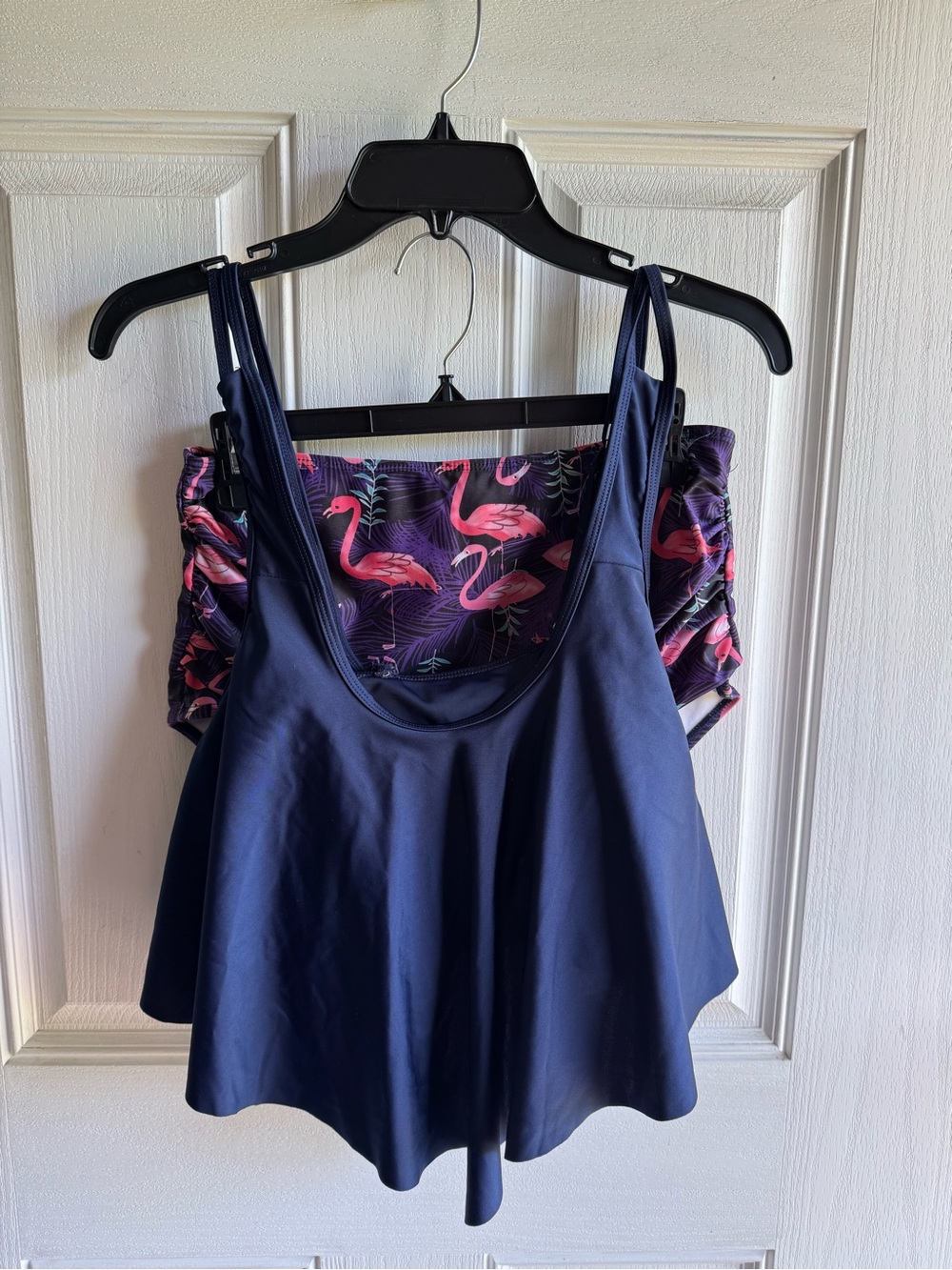 Navy Flounce Swim Top with Pink Flamingo High Waisted Bottoms